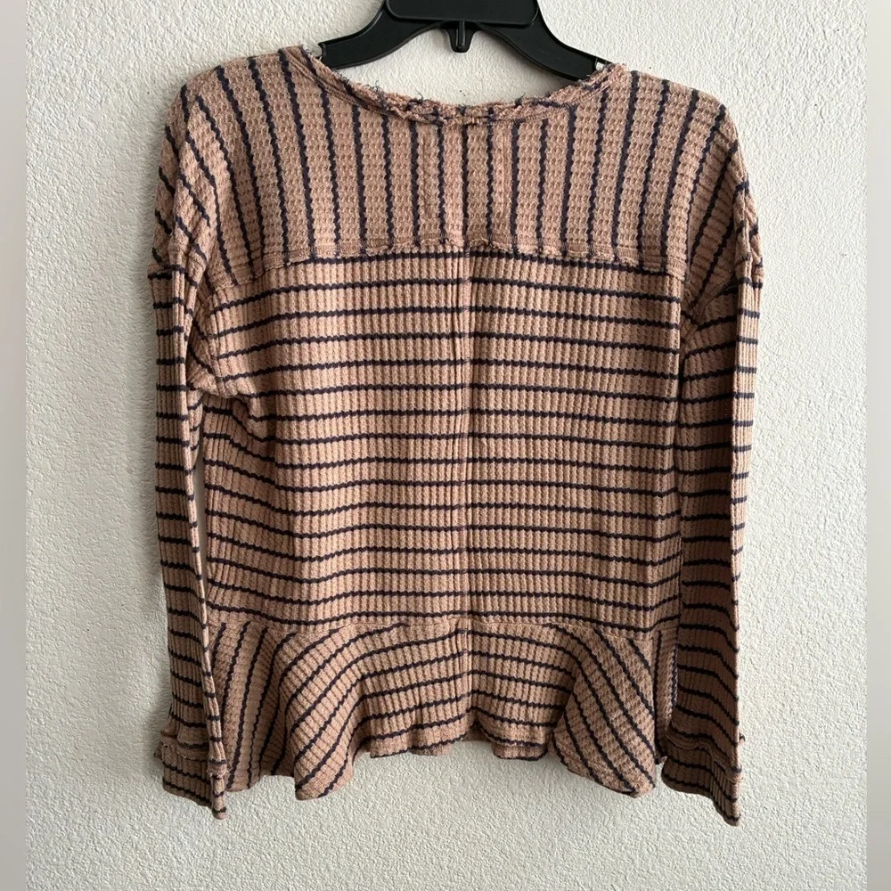 We The Free Auntie Em Brown and Black Striped Fringe Neck Peplum Sweater Top S